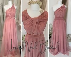 three different views of the same dress, one in pink and one in light pink