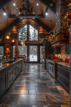 the kitchen is decorated for christmas with lights and decorations on the counter top, along with granite flooring