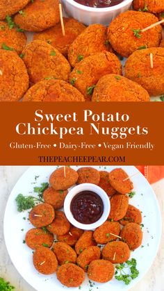 sweet potato chickpea nuggets on a plate with dipping sauce