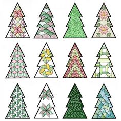 a bunch of trees that are drawn in different colors and shapes, each with an ornament