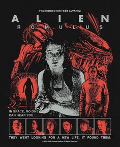 an alien movie poster with the characters in red