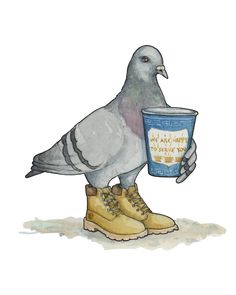 a pigeon is drinking out of a cup