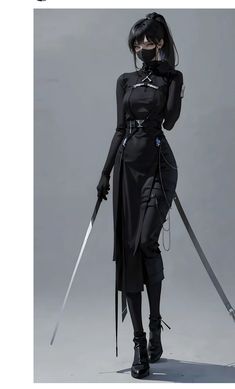 a woman dressed in black holding two swords