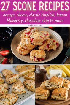 some scones are on a plate with fruit and chocolate