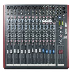 the soundcraft signature mixer is shown in red and black, with multiple knobs