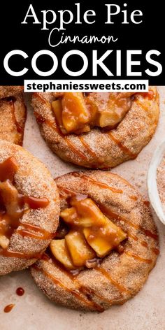 apple pie cinnamon cookies with caramel drizzled on top and text overlay