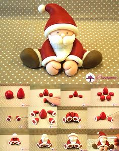 an animated santa clause sitting on top of a bed with lots of red and white decorations