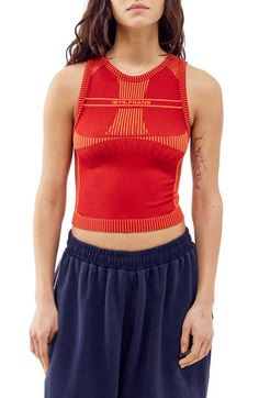 This cool cropped tank is crafted in a close-fitting silhouette with a tied-and-cutout back. 15" length (size Medium) Ties at back Crewneck Sleeveless 38% polyester, 35% recycled polyamide, 21% polyamide, 6% elastane Machine wash, line dry Made in Turkey Red Fitted Crew Neck Crop Top, Sporty Red Cropped Tops, Red Cropped Fitted Tank Top, Red Athleisure Tops For Summer, Red Fitted Cropped Tank Top, Casual Red Tank Crop Top, Red Summer Athleisure Tops, Red Sporty Crop Top For Spring, Sporty Red Crop Top For Spring