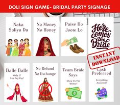 an image of some cards with different types of women's clothing on them and the words do sign game - bridal party signage