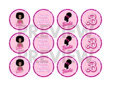 pink barbie birthday cupcake toppers with the name barbie on it and an image of barbie