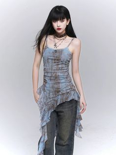 The LadyGhost Grunge Fairy Asymmetrical Cami Dress is a women's tie-dye mini dress featuring a ruched design and a ruffle hem. This stylish dress combines an edgy tie-dye pattern with a whimsical, asymmetrical cut, perfect for making a statement. Made from high-quality, breathable fabric, it ensures comfort and a flattering fit. A Model's measurements: Height 167cm, Weight 48kg, wearing size M. Ethereal Grunge Outfits, Ingenue Ethereal, Ethereal Outfit, Dress With Ruffle Hem, Dark Summer, Fairy Outfit, Tie Dye Mini Dress, Vintage Tank Top, Grunge Fairy