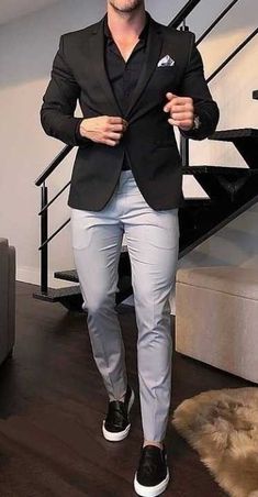 Mens Black Blazer Outfit Casual, Black Shirt With Blazer Men, Grey Pants Black Blazer Men, Black Blazer With Grey Pants Men, Black Shirt Grey Pants Men Formal, Black Blazer Grey Pants Outfit Men, Men Black Blazer Outfit, Black Blazer Outfit Men Formal, Grey Suit With Black Shirt