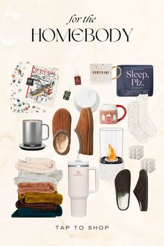 an ad for the home body with various items and accessories on it, including shoes, socks