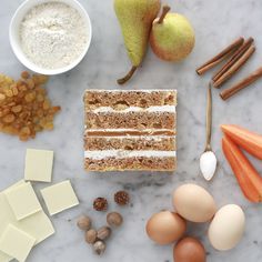 an assortment of food on a marble counter top