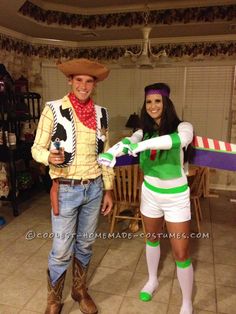 a man and woman dressed up as toy story characters