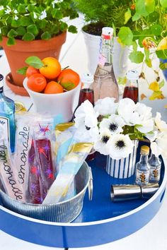 a blue tray topped with oranges and bottles next to potted plants on top of a table