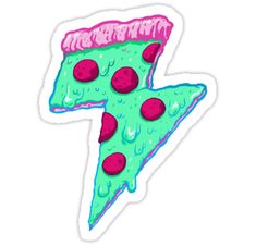 a slice of pizza with pink and green toppings on it sticker is shown