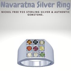 "Hand Crafted Navaratna Silver Ring  Navaratna refers to the nine gemstones related to the nine planets used in Vedic astrology. The word \"nava\" means nine and \"ratna\" means gem in the Sanskrit language. Navaratnas are considered auspicious and believed to bring good health to whoever wears it. Navaratna Jewelry is getting more consideration nowadays in view of its trendy looks and mysterious advantages. It symbolizes health, prosperity, happiness and peace of mind. Also, it wards off negative energies and effects from planets, while strengthens the positive influences of the gems. In the case of wearing visionary cures, one can wear gemstone adornments based their zodiac or horoscope, or wear a Navaratna or Navagraha gems which incorporates nine stones that speak to the nine planets." Gift Emerald Multi-stone Ring In White Gold, Silver Multi-stone Rings For May Birthstone, May Birthstone Multi-stone Silver Ring, Silver Spiritual Birthstone Ring With Accent Stones, Spiritual Silver Birthstone Ring With Accent Stones, Silver Hallmarked Birthstone Ring For May, Silver Multi-stone Emerald Ring Gift, Nine Planets, Sanskrit Language