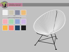 a white chair sitting on top of a gray floor next to color swatches in the background