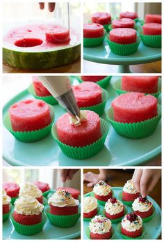 watermelon cupcakes with cream cheese frosting and sprinkles