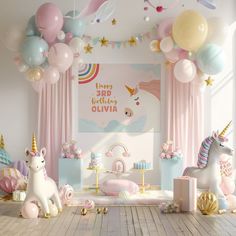 a birthday party with balloons, unicorns and other decorations in pastel pink tones