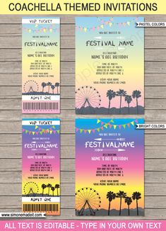 two tickets for the coachella theme party, with palm trees and ferris wheel in the background