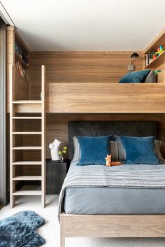 a bedroom with bunk beds and blue pillows