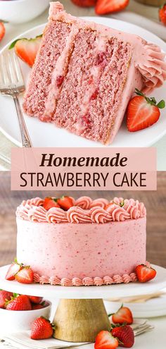 two pictures with different types of cake and strawberries on the top one has strawberry frosting