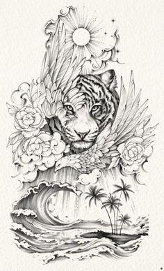 unique animal design Tiger Tattoo Designs, Ocean Theme Tattoos, Black And White Tattoos, Black And White Flower Tattoo, Jungle Tattoo, Arm Tattoos Drawing, Girl Thigh Tattoos, A Tattoo Design