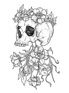 a drawing of a skull with flowers on it