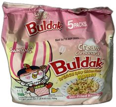 the back side of a bag of buddak noodles with shrimp and rice in it