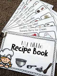 five little recipe book pages with the words, my little recipe book written on them