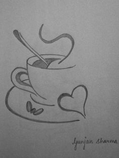 a drawing of a cup of coffee with a spoon in it and hearts on the side