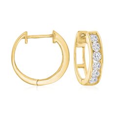 Ross-Simons - .75ct t. w. Diamond Huggie Hoop Earrings in 14kt Yellow Gold. 1/2". The perfect pair - these huggie hoop earrings glitter with .75 ct. t. w. round brilliant-cut diamonds in a just-right size that you'll wear nonstop. Crafted in sunny 14kt yellow gold. Hanging length is 1/2". Hinged post, diamond huggie hoop earrings. Diamond birthstones are the perfect gift for April birthdays. Channel Set Diamond Huggie Earrings For Anniversary, Channel Set Huggie Diamond Earrings For Anniversary, Anniversary Huggie Diamond Earrings Channel Set, Anniversary Channel Set Huggie Diamond Earrings, Classic Yellow Gold Diamond Earrings Channel Set, Classic Channel Set Huggie Earrings For Anniversary, Diamond Channel Set Huggie Earrings, Classic Channel Set Huggie Earrings, Classic Brilliant Cut Hoop Huggie Earrings