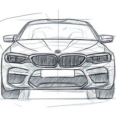 the front view of a bmw car in perspective, drawn with a pen on paper