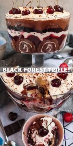 black forest trifle with whipped cream and cherries in the center, served on a platter