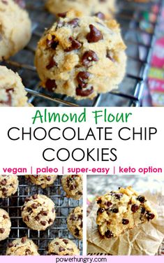 almond flour chocolate chip cookies on a cooling rack and in the background are photos of vegan, pale - friendly keto options