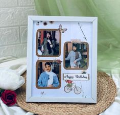 a photo frame with two women and a bicycle in it on top of a table