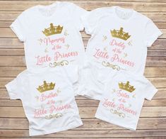 Little Princess matching Family Shirts - blue and gold prince shirt, baby shower shirts,glold crown shirt. Girl baby shower  This listing is for one shirt. If you want more than one then you need to choose the style/size you want from the dropdown menu - then choose 'add to cart' - then come back and repeat the process until you have added all the shirts you want. Only after that can you proceed with your full purchase from the cart Shirts are unisex size, so please measure yourself or a shirt y Gold Short Sleeve Cotton Shirt, Gold Cotton Short Sleeve Shirt, Gold Tops With Letter Print For Gifts, Gold Short Sleeve Top As Gift, Gold Crew Neck Top As Gift, Prince Shirt, Baby Shower Shirts, Matching Family Shirts, Gold Shower