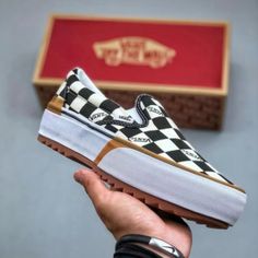 Durable Canvas Upper Checkerboard Print Slip-On Design Elastic Sides Rubber Waffle Outsole Platform Sole Translucent Foxing Tapedbrand New Vans Checkerboard, Vans Era, Vans White, Shoes Vans, Mens Vans, Vans Shoes, Shoe Shop, Canvas Shoes, Boat Shoes