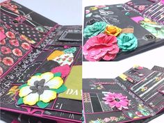 an open book is decorated with flowers and fabric scrapbook pages are shown in this collage