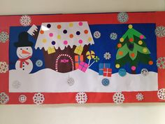 a bulletin board decorated with snowmen, christmas trees and presents on it's side