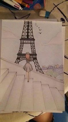 a drawing of a woman standing in front of the eiffel tower