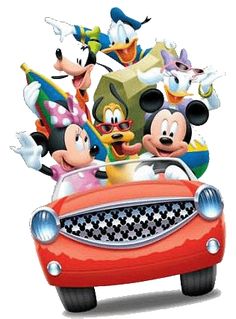 an image of mickey mouse and friends driving in the back of a red convertible car