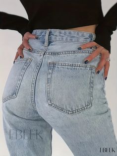 Ebeek - Womens Casual Denim Pants: Blue Loose Fit Straight Jeans with Slash Pockets, Mid Waist, Non-Stretch Fabric Baggy Jeans Ripped, High Waist Jeans Style, High Waist Baggy Jeans, Jean Fashion, Mom Jeans Style, Olive Jeans, Baby Boy Jackets, Womens Prom Dresses