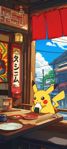 a pikachu sitting at a table in front of a window