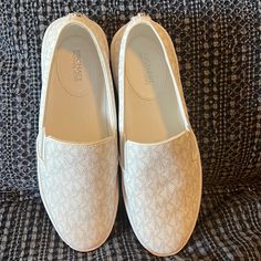 Excellent Condition Mk Shoes Never Worn White Slip-ons With Branded Insole, White Textile Slip-ons With Round Toe, White Textile Round Toe Slip-ons, Textile Low-top Slip-ons, Beige Low-top Slip-ons, Beige Slip-ons With Perforated Toe Box, White Low-top Slip-ons With Woven Sole, White Textile Flat Slip-ons, Womens Wedge Sneakers