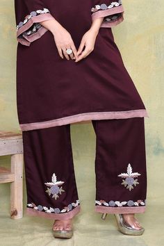 Dark brown straight kurta with placement floral hand embroidery. Paired with a pant with embroidered buttis. - Aza Fashions Satin Embroidery, Pant For Women, Straight Kurta, Embroidery Floral, Satin Color, Kurta With Pants, Pants Pattern, Pure Linen, Flared Sleeves