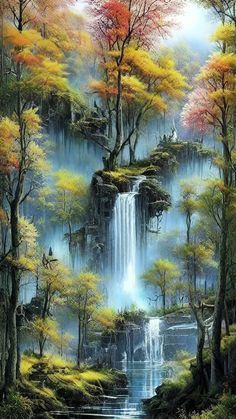 a painting of a waterfall surrounded by trees