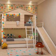 a child's bedroom with bunk beds and toys